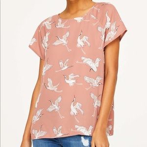 🌸 LOFT | Lightweight Short Sleeve Crane Eastern Pattern Pink Top | Size XL